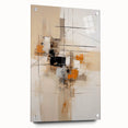 Abstract minimalist wall art design displayed on acrylic glass, showcasing a side view with shiny pins holding it in place. The artwork features soft, muted colors that evoke a sense of tranquility, making it ideal for modern home decor.