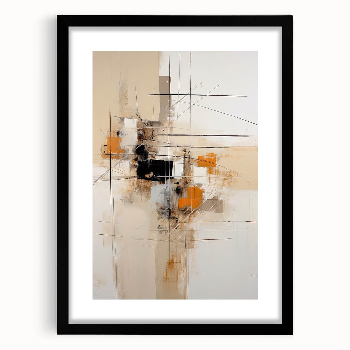 Abstract minimalist wall art framed with a black mat, showcasing geometric shapes and muted colors, perfect for modern home decor or office aesthetics.