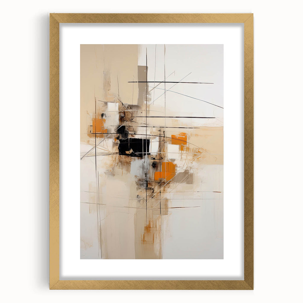 Abstract minimalist wall art in a gold frame, featuring soft pastel colors and geometric patterns, ideal for modern home decor, displayed against a light background.