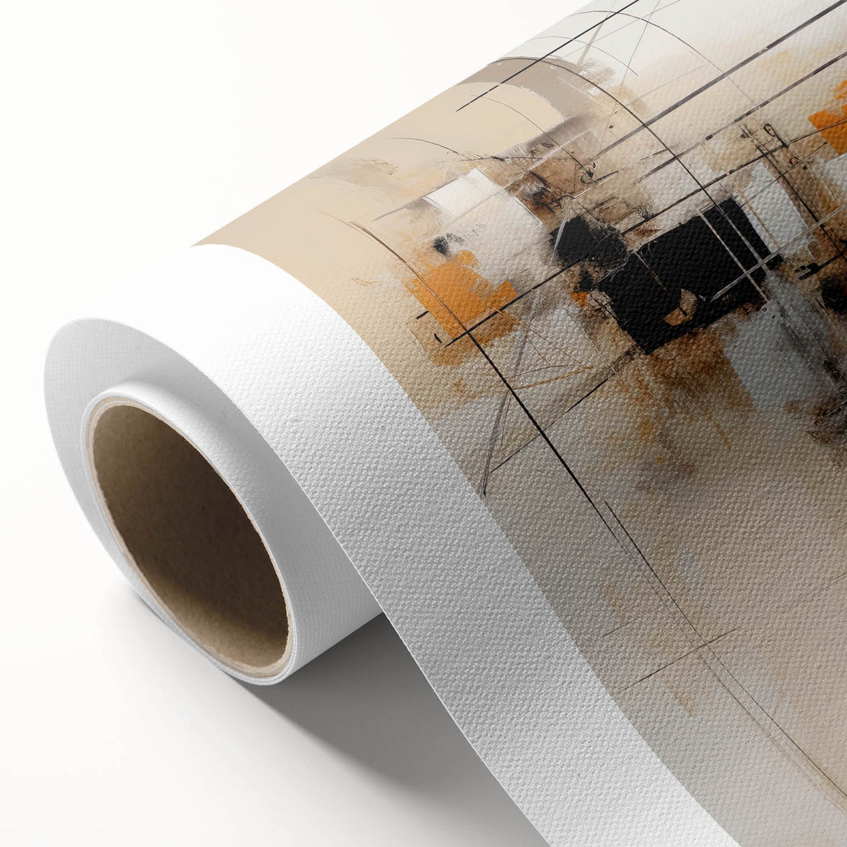 Abstract minimalist wall art featuring soft, muted colors and geometric shapes, rolled and ready for display, emphasizing modern design aesthetics.
