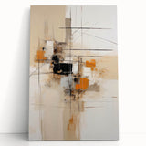 Abstract minimalist wall art featuring soft neutral colors and geometric shapes on stretched canvas, elegantly leaning against a light backdrop, perfect for modern home decor.