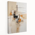 Abstract minimalist wall art on stretched canvas, showcasing soft earth tones and geometric shapes, viewed from the side to highlight its depth and texture.