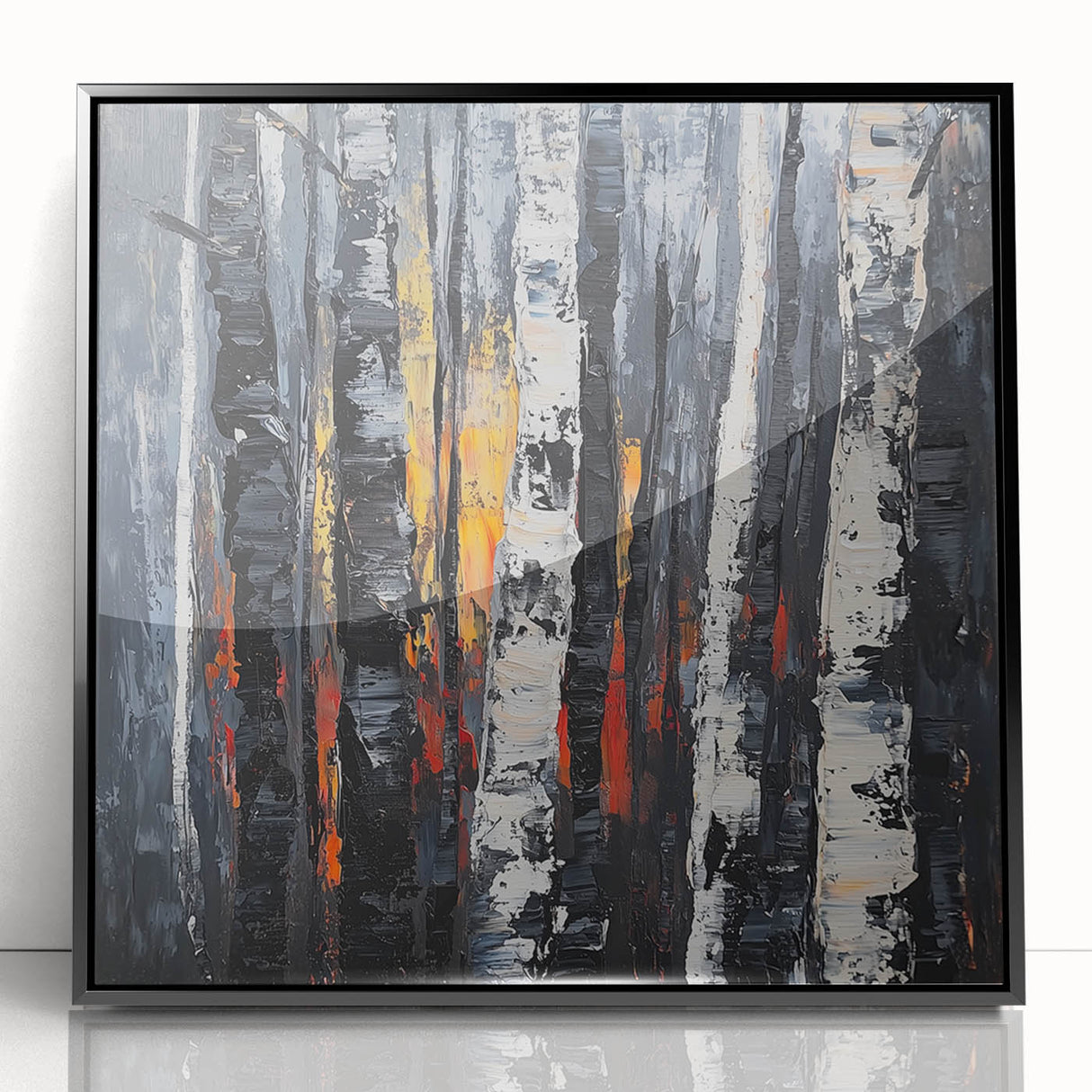 Framed acrylic artwork showcasing a vibrant abstract floral design with bold colors and sleek black borders, perfect for modern home décor.