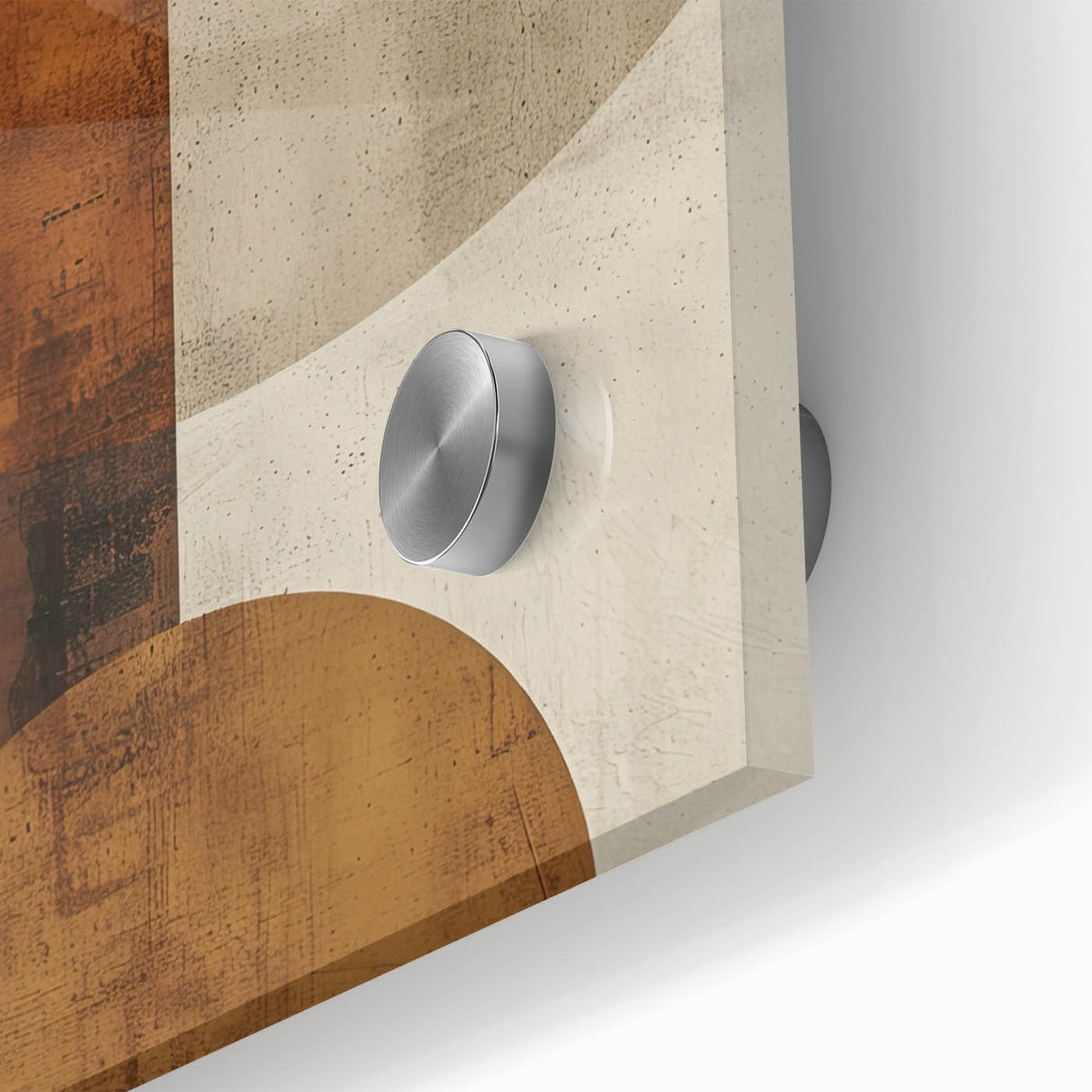 Close-up of an abstract minimalist wall art piece featuring soft hues of blue and beige, printed on acrylic glass, perfect for modern home decor.