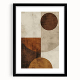 Abstract minimalist wall art in a black frame with a white mat, showcasing geometric shapes and soft tones, ideal for modern home decor.