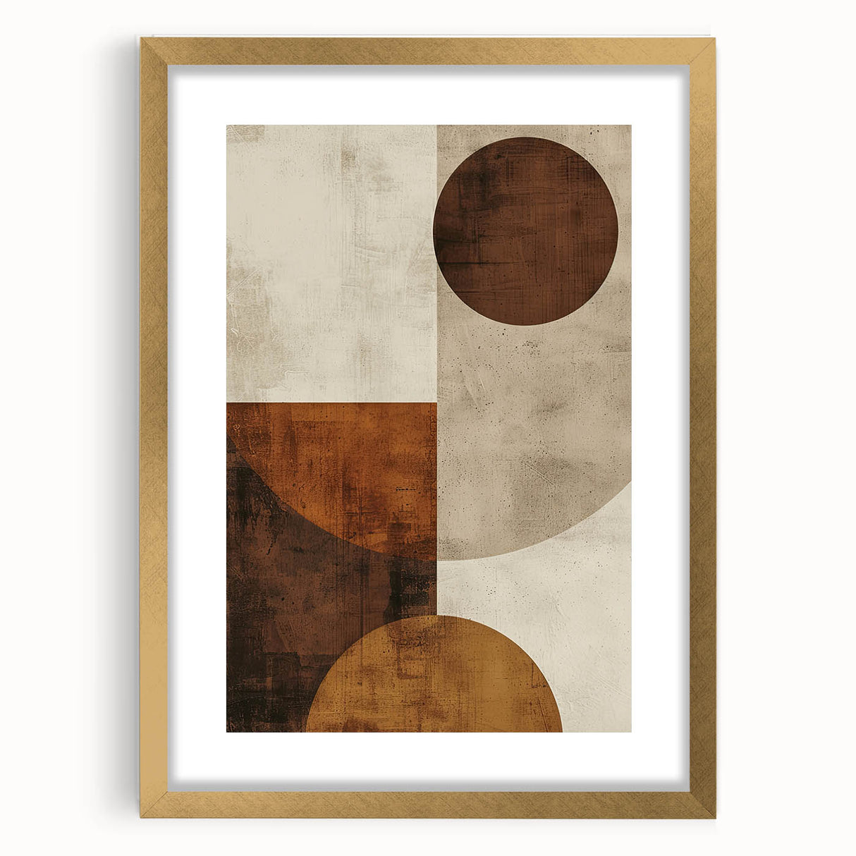 Abstract minimalist wall art framed in gold, featuring soft pastel colors and geometric shapes, perfect for modern home decor and gallery walls.