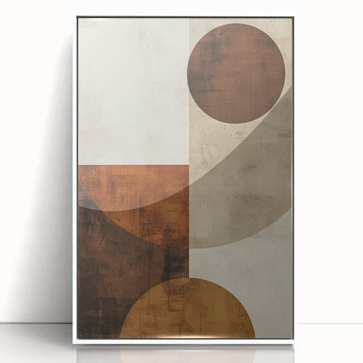 Framed abstract minimalist wall art featuring soft white tones and geometric shapes, displayed in a sleek acrylic frame, perfect for modern home decor.