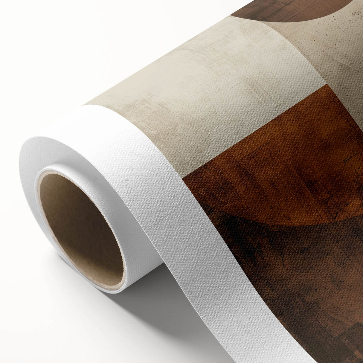 Abstract minimalist wall art on rolled canvas showcasing soft pastel colors and geometric shapes, elegantly packaged in a protective cardboard tube for shipping.