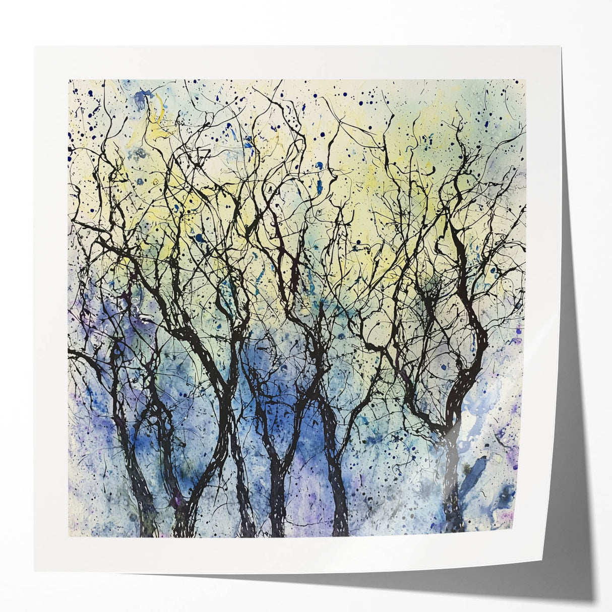 Abstract floral art print mockup showcasing vibrant colors and intricate designs, presented in a glossy finish, ideal for home decor inspiration or art display.