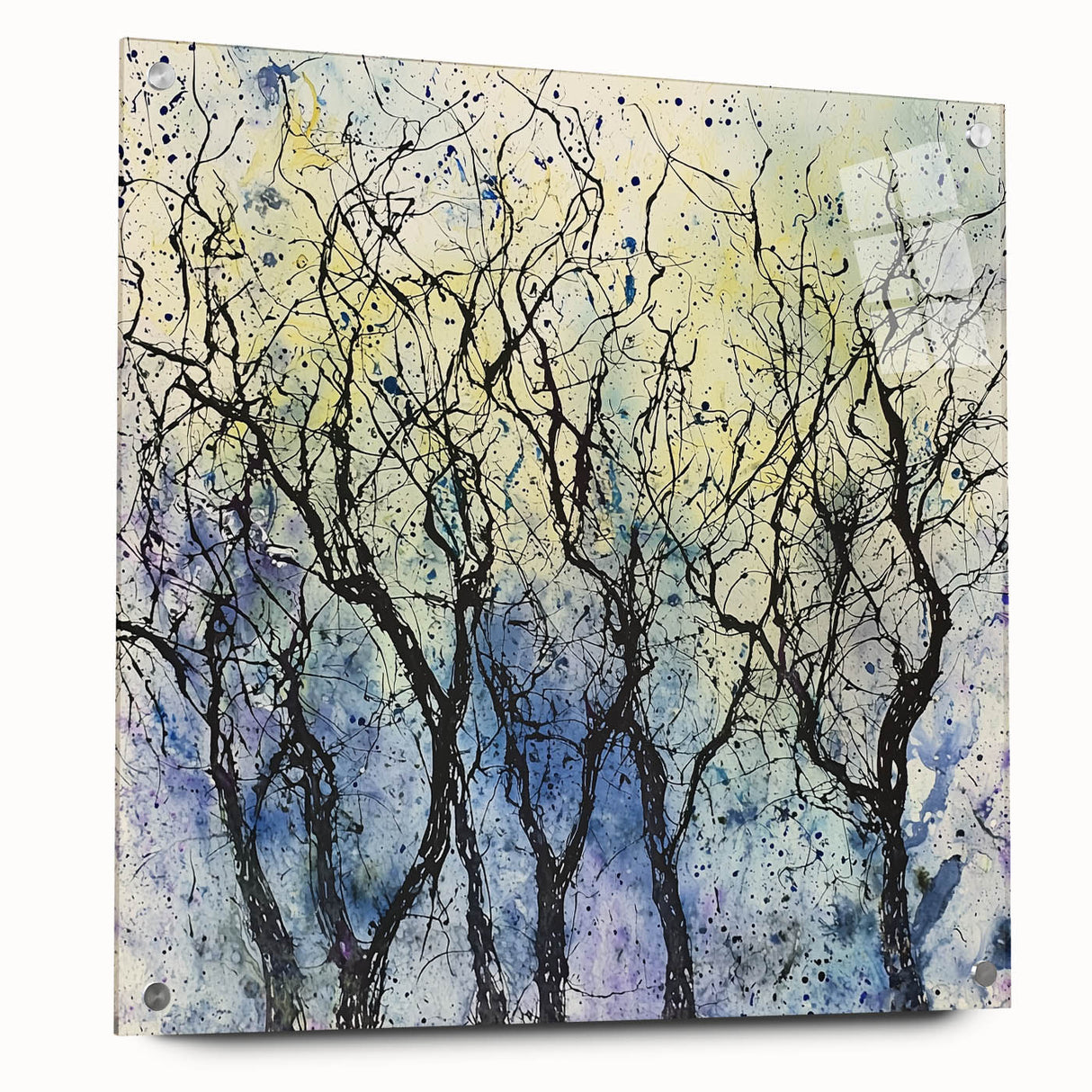 Abstract floral acrylic wall art design displayed from a side view, showcasing vibrant colors and intricate details, secured with decorative pins for an artistic touch.