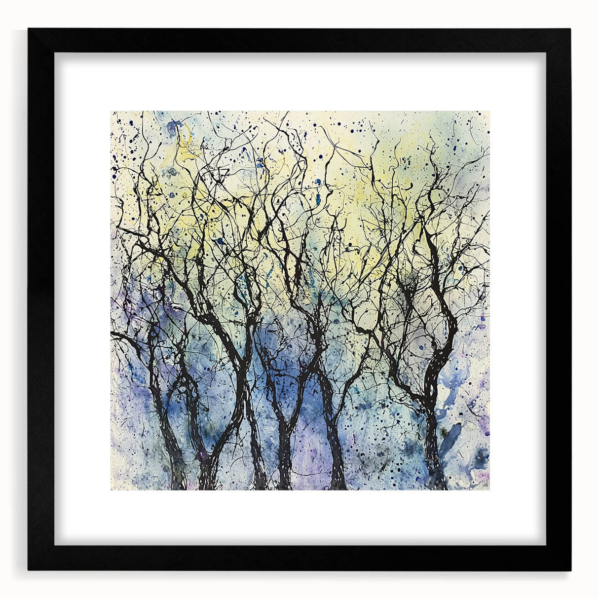 Abstract floral frame with a matte black finish, showcasing vibrant colors and intricate designs, perfect for modern home decor or art display. Ideal for adding elegance to any room.