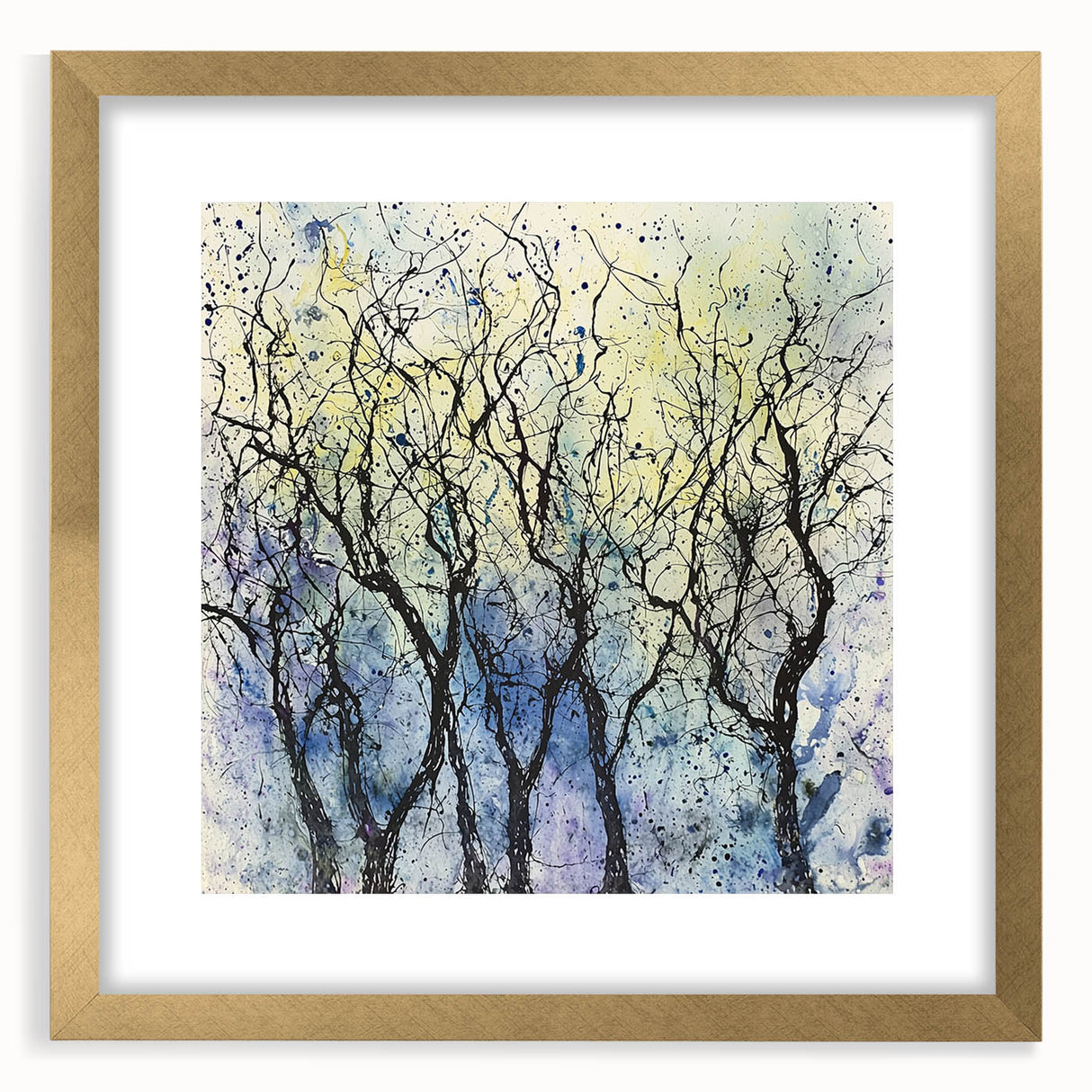Abstract floral frame art showcasing vibrant colors, elegantly bordered in gold, with a textured mat, designed to enhance modern decor aesthetics.