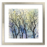 Abstract floral artwork framed in silver with a mat, showcasing intricate designs and vibrant colors, ideal for modern home decor. Perfect for adding elegance to any room.