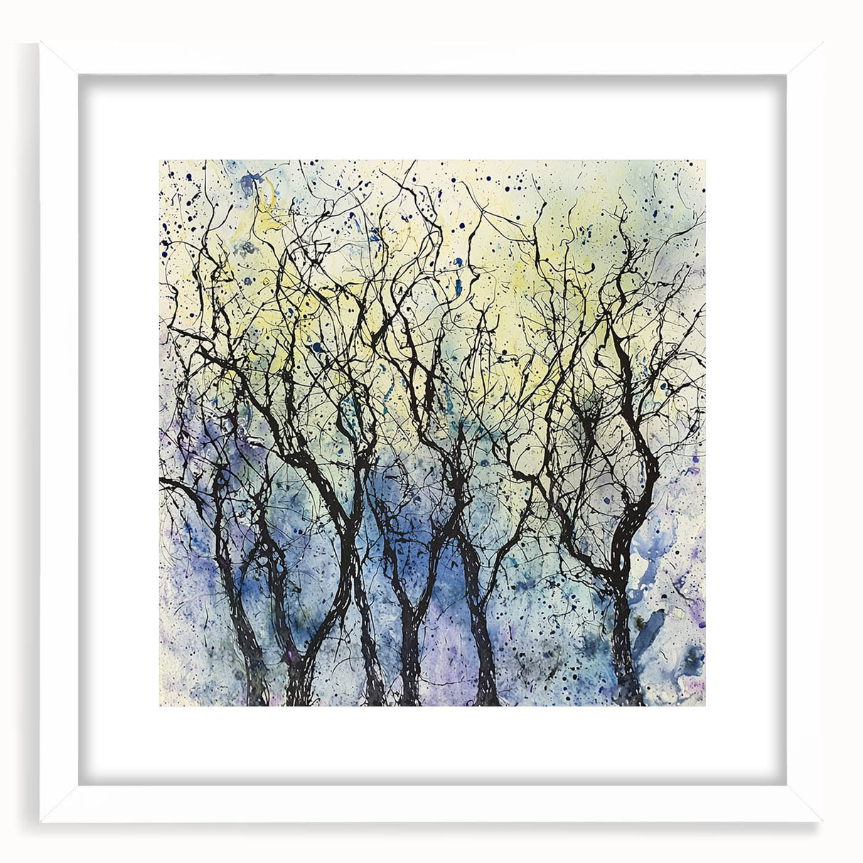 Abstract floral frame artwork with a white mat, showcasing a vibrant, colorful design ideal for modern home decor. Perfect for enhancing living spaces or galleries.