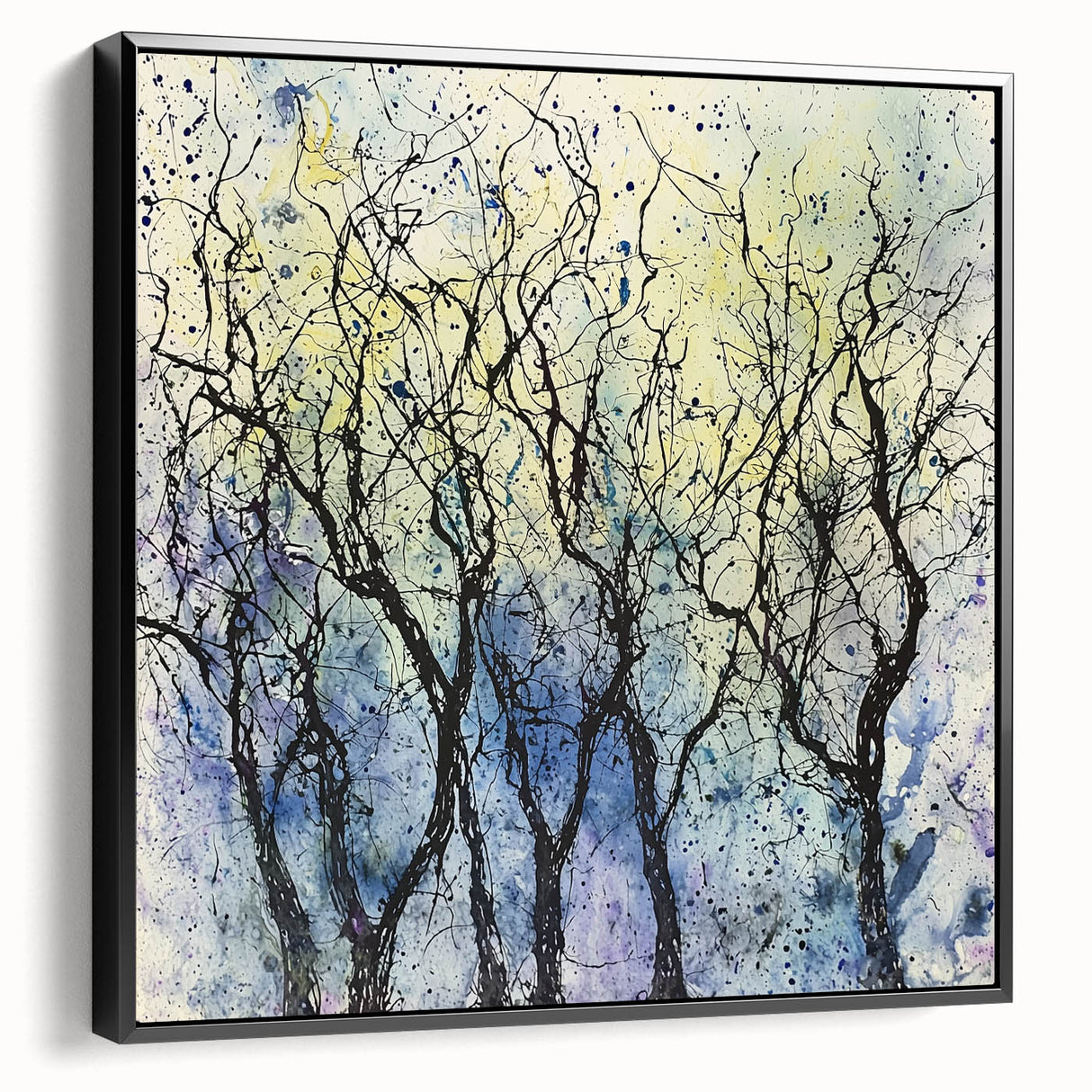 Framed canvas artwork showcasing abstract floral designs in vibrant colors, set against a black background, highlighting intricate details and modern elegance. Ideal for contemporary home decor, this piece adds a touch of sophistication to any room.