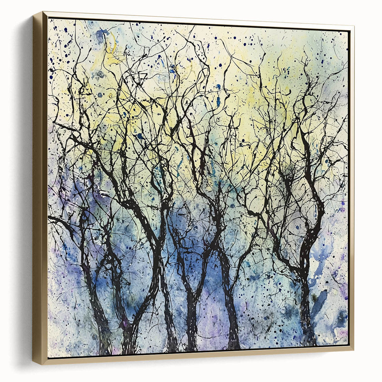 Framed canvas artwork displaying abstract floral designs in shades of silver and gold, elegantly set against a minimalist background, perfect for modern home decor.