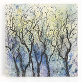 Stretched canvas artwork showcasing vibrant abstract floral designs in shades of blue, yellow, and green, perfect for modern home decor. Ideal for adding a pop of color to living spaces.