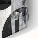 Close-up of an abstract minimalist wall art piece featuring soft pastel colors and geometric shapes, displayed on acrylic glass to enhance its modern aesthetic.