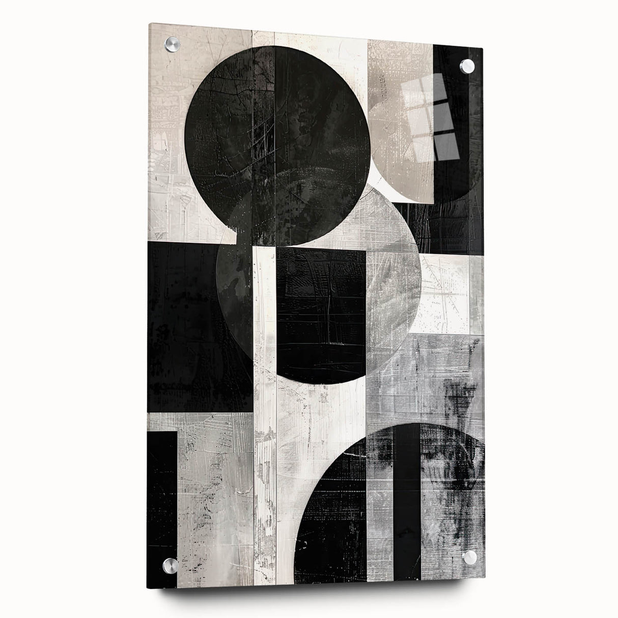 Abstract minimalist wall art displayed in a side view, featuring vibrant colors and geometric shapes, mounted with decorative pins on a sleek backdrop.
