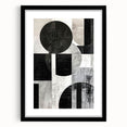 Abstract minimalist wall art framed in black with a white mat, showcasing geometric shapes and soft color tones, ideal for modern home décor.