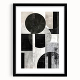 Abstract minimalist wall art framed in black with a white mat, showcasing geometric shapes and soft color tones, ideal for modern home décor.