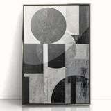 Framed minimalist abstract wall art featuring a silver-acrylic finish, showcasing geometric shapes and soft color gradients, enhancing modern decor aesthetics.