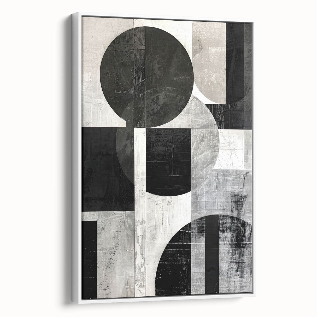 Framed canvas featuring a modern abstract minimalist wall art design with soft white tones and subtle geometric patterns, showcasing a side view perspective.