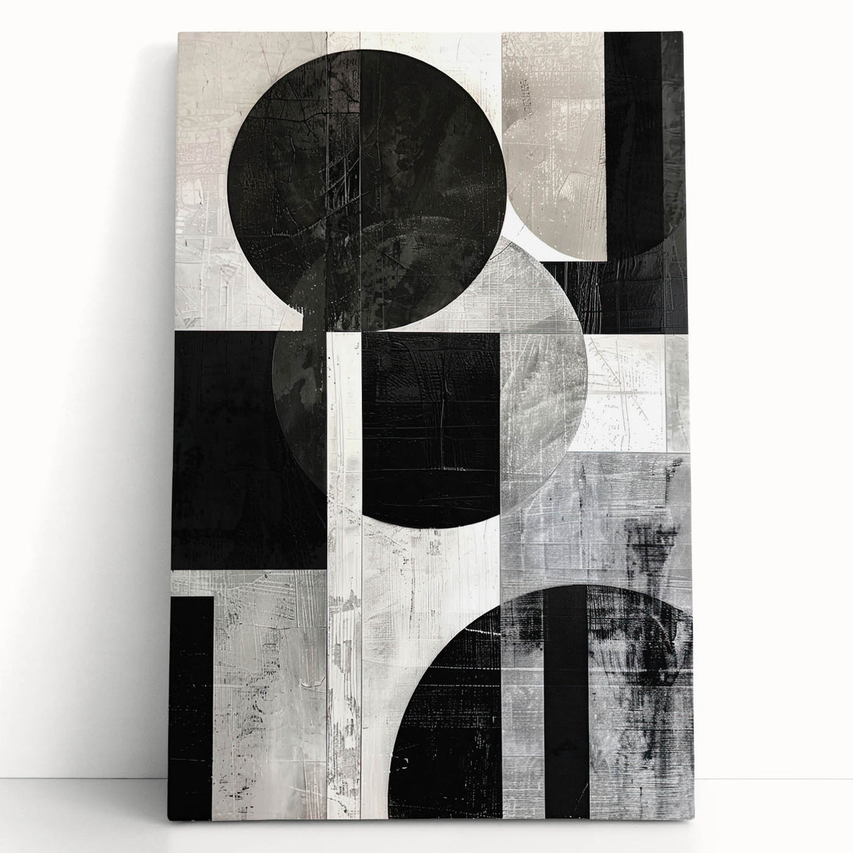 Abstract minimalist wall art featuring soft pastel colors and geometric shapes, elegantly displayed on a stretched canvas leaning against a neutral wall, ideal for modern decor.