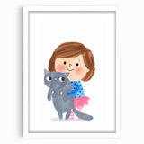 Cute Girl Holding Cat Girls Room Wall Art - Playful Kids Decor