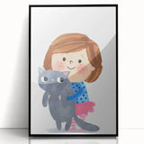 Cute Girl Holding Cat Girls Room Wall Art - Playful Kids Decor