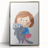 Cute Girl Holding Cat Girls Room Wall Art - Playful Kids Decor