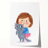 Cute Girl Holding Cat Girls Room Wall Art - Playful Kids Decor