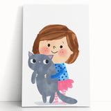 Cute Girl Holding Cat Girls Room Wall Art - Playful Kids Decor