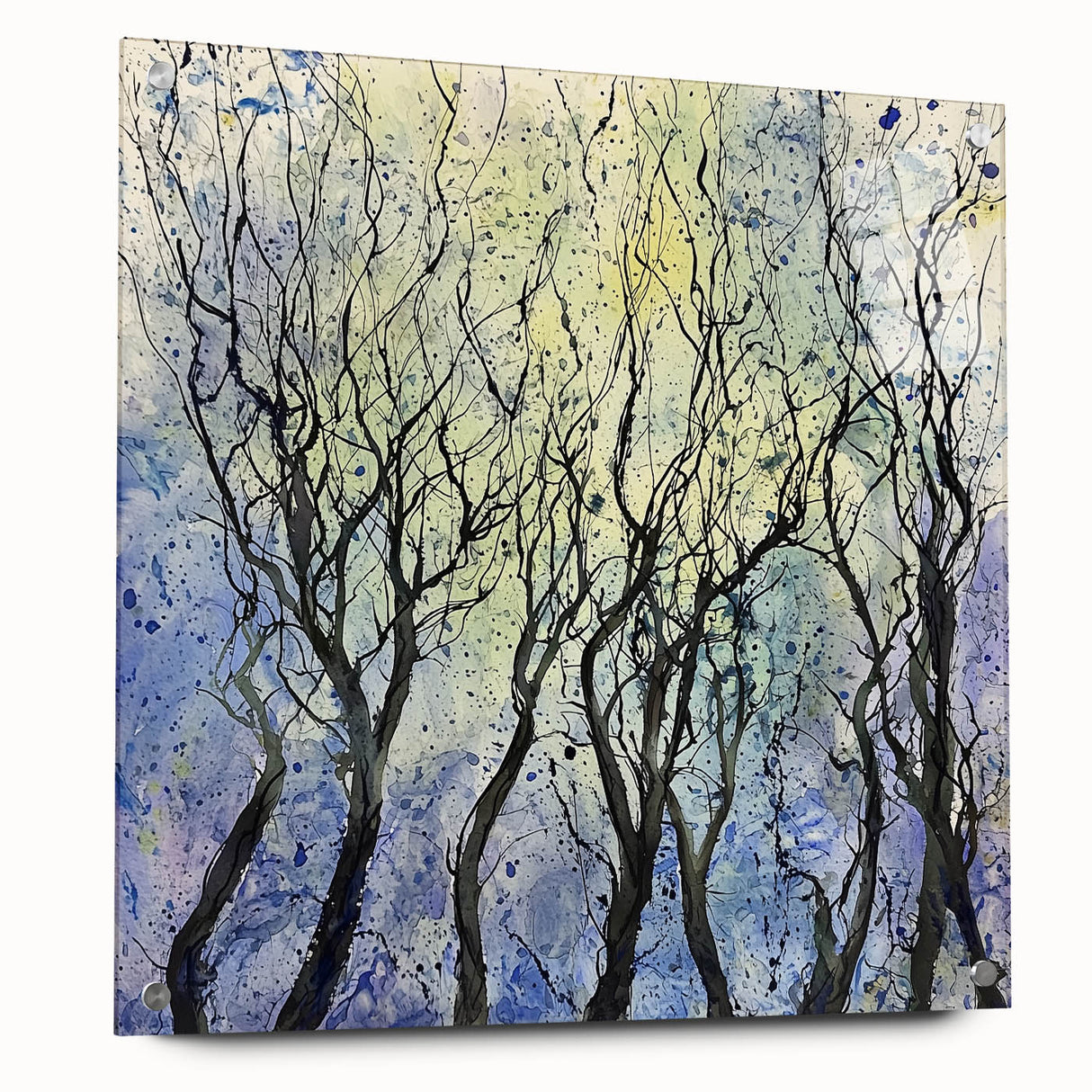 Abstract floral acrylic artwork displayed from the side, showcasing vibrant colors and intricate designs, secured with decorative pins for an elegant finish. Ideal for modern home decor.