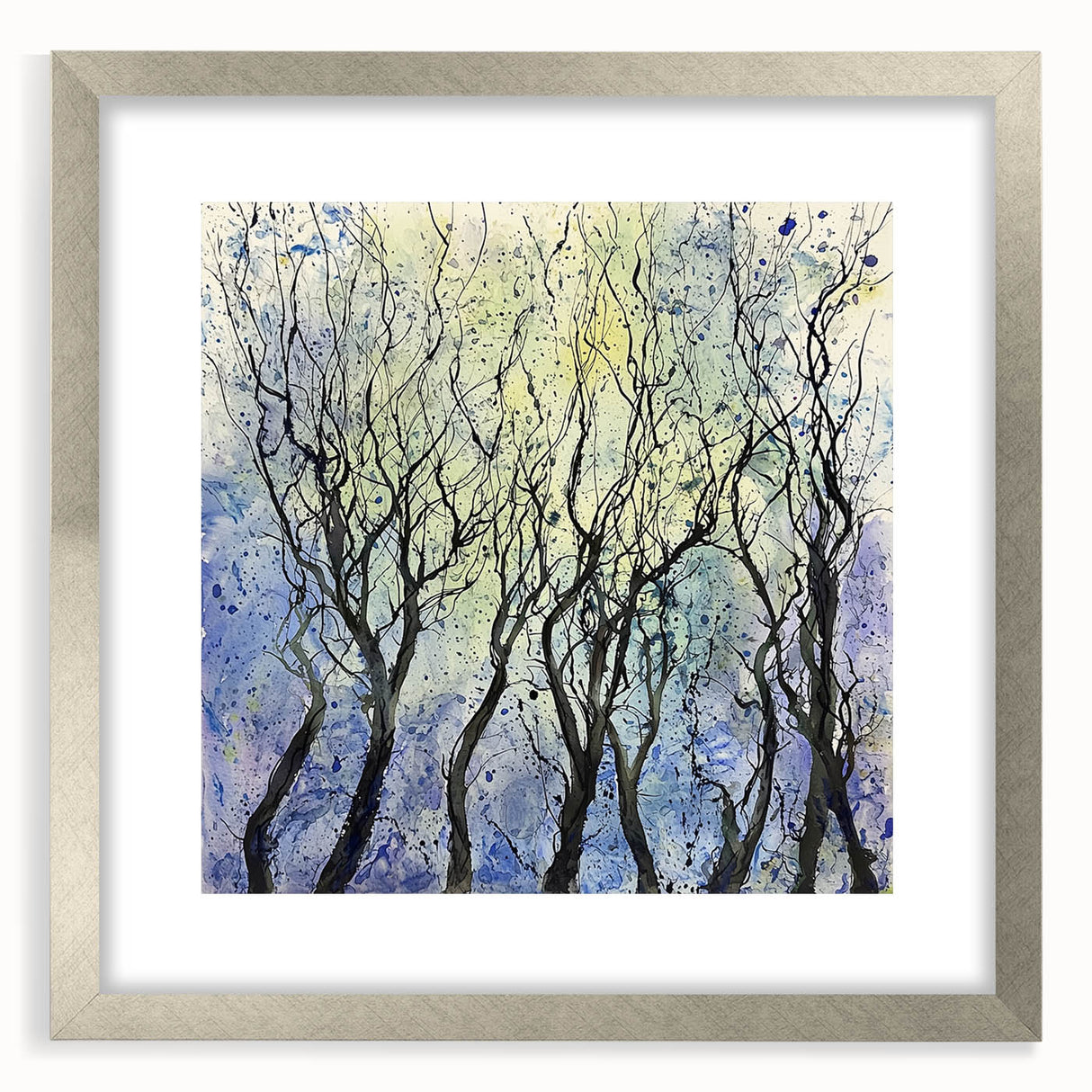 Abstract floral art frame with a silver mat, showcasing vibrant colors and intricate patterns, ideal for modern home decor and wall embellishments.