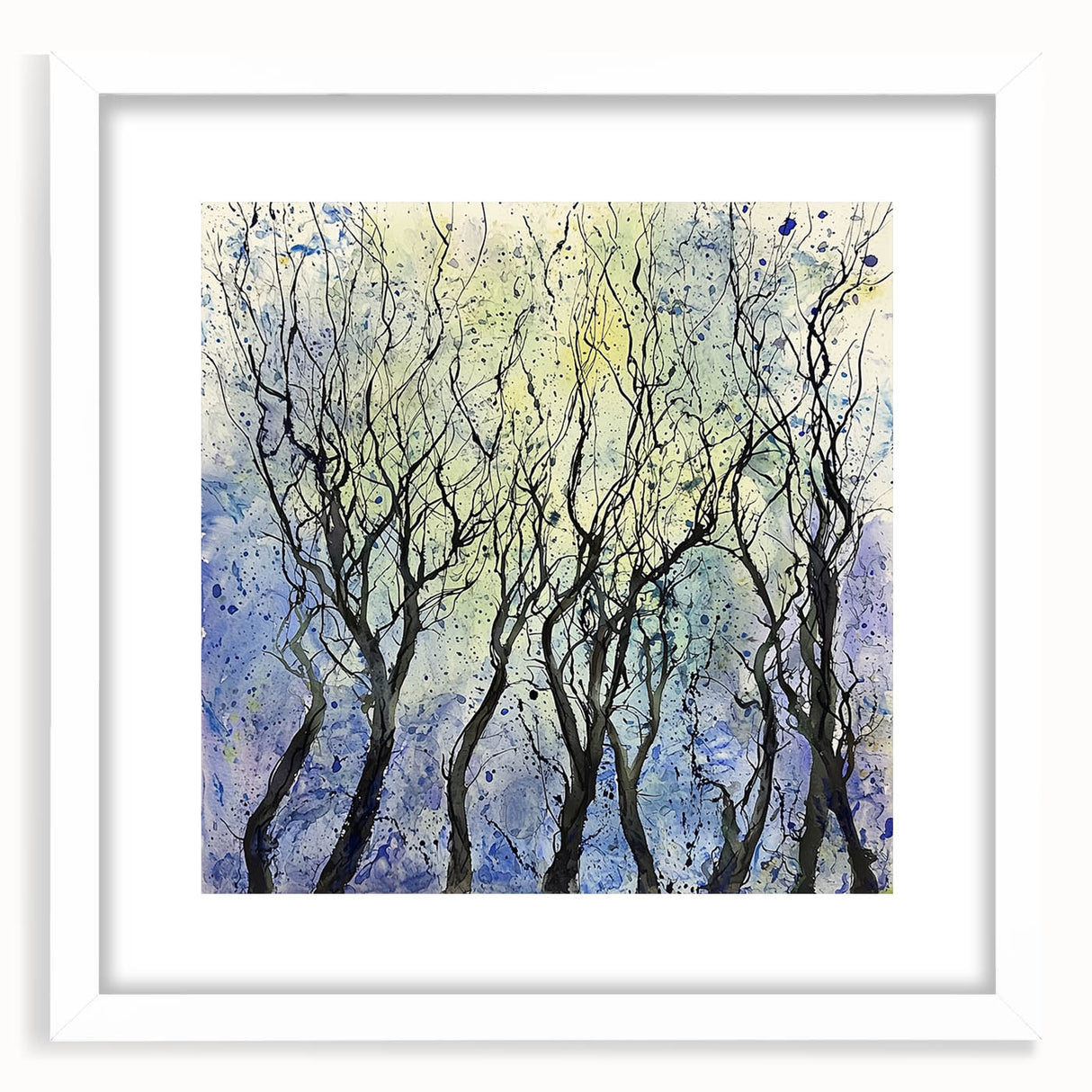 Abstract floral design framed in white with a mat, showcasing vibrant colors and intricate details, ideal for modern home decor or gallery displays.