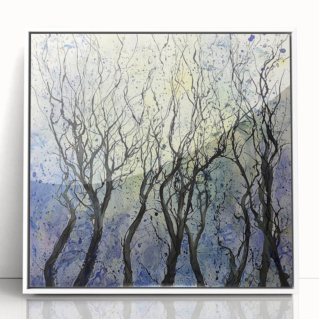Framed abstract floral artwork in vibrant colors displayed against a white background, showcasing intricate patterns and textures, perfect for modern home decor.
