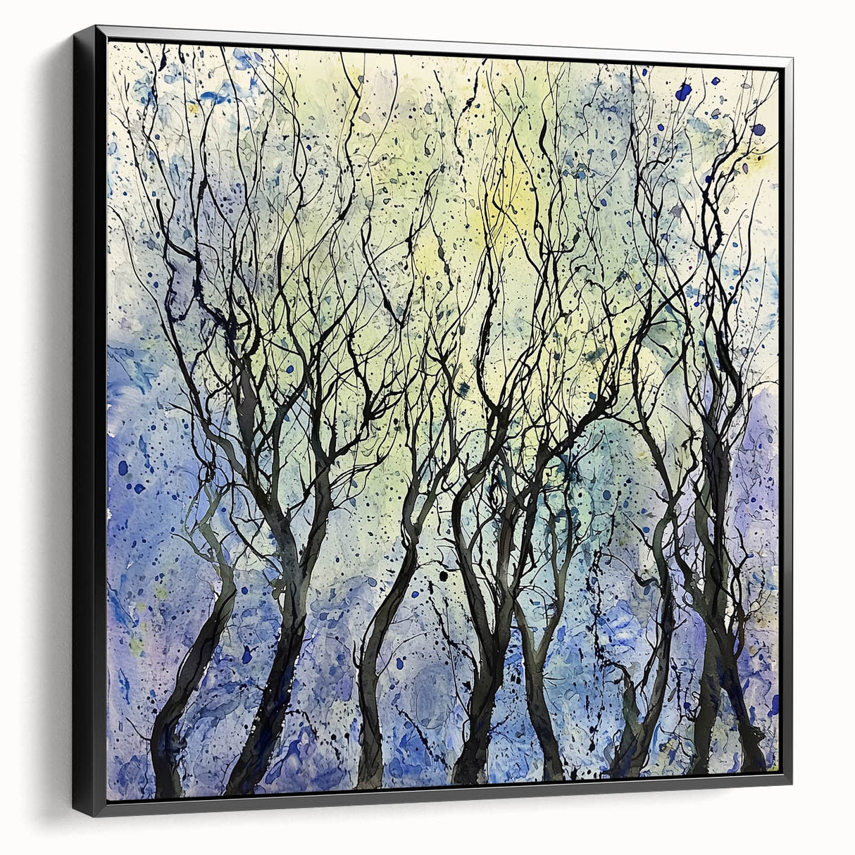 Framed canvas artwork showcasing an abstract floral design with vibrant colors on a black background, highlighting intricate details and textures, viewed from the side. Ideal for modern decor.
