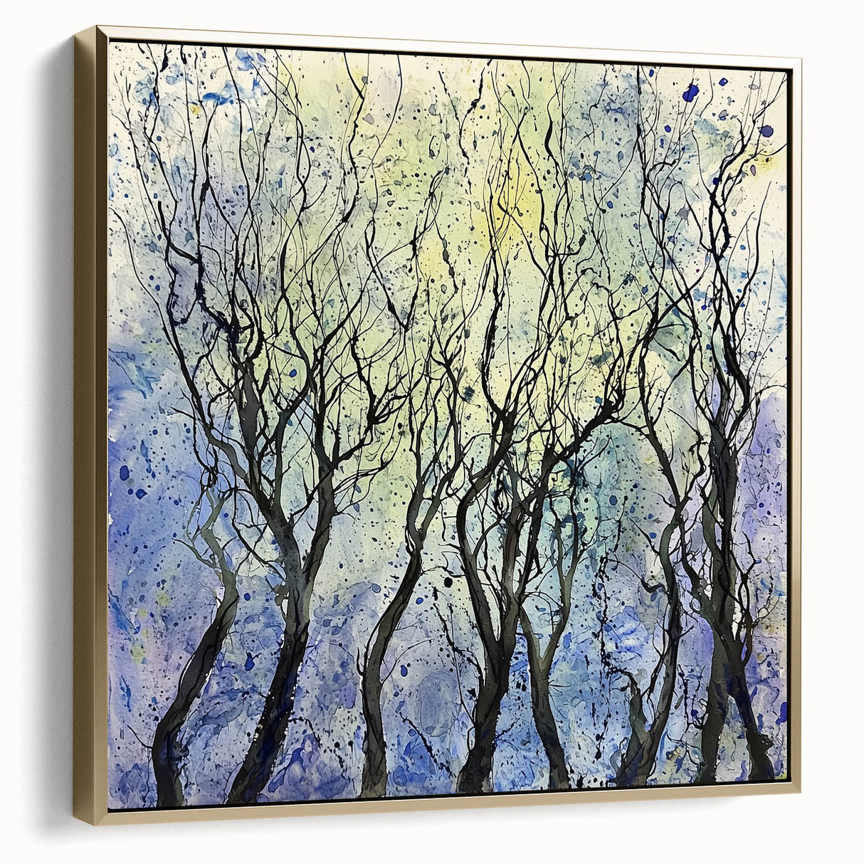 Framed canvas artwork showcasing an abstract floral design in silver and gold hues, perfect for modern home decor. The elegant piece adds a touch of sophistication to any room.