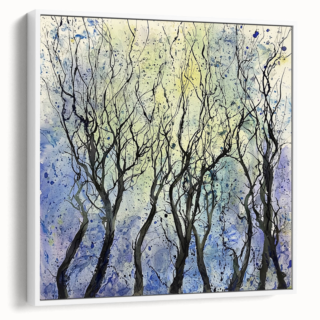 Framed abstract floral canvas art displayed in a white frame, showcasing vibrant colors and intricate designs, adding a modern touch to home decor.