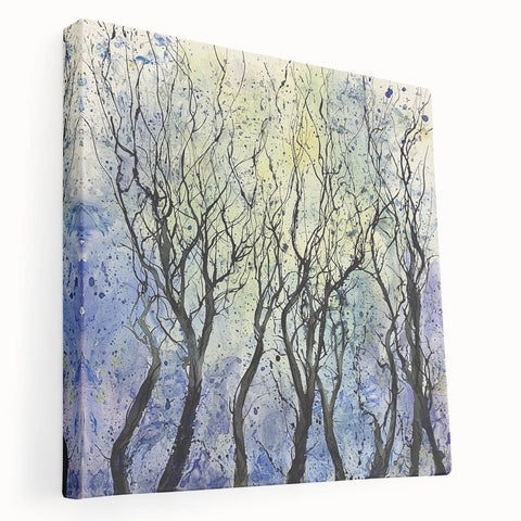 Stretched canvas artwork showcasing vibrant abstract florals in a side view, highlighting the texture and depth of colors, perfect for modern home decor.
