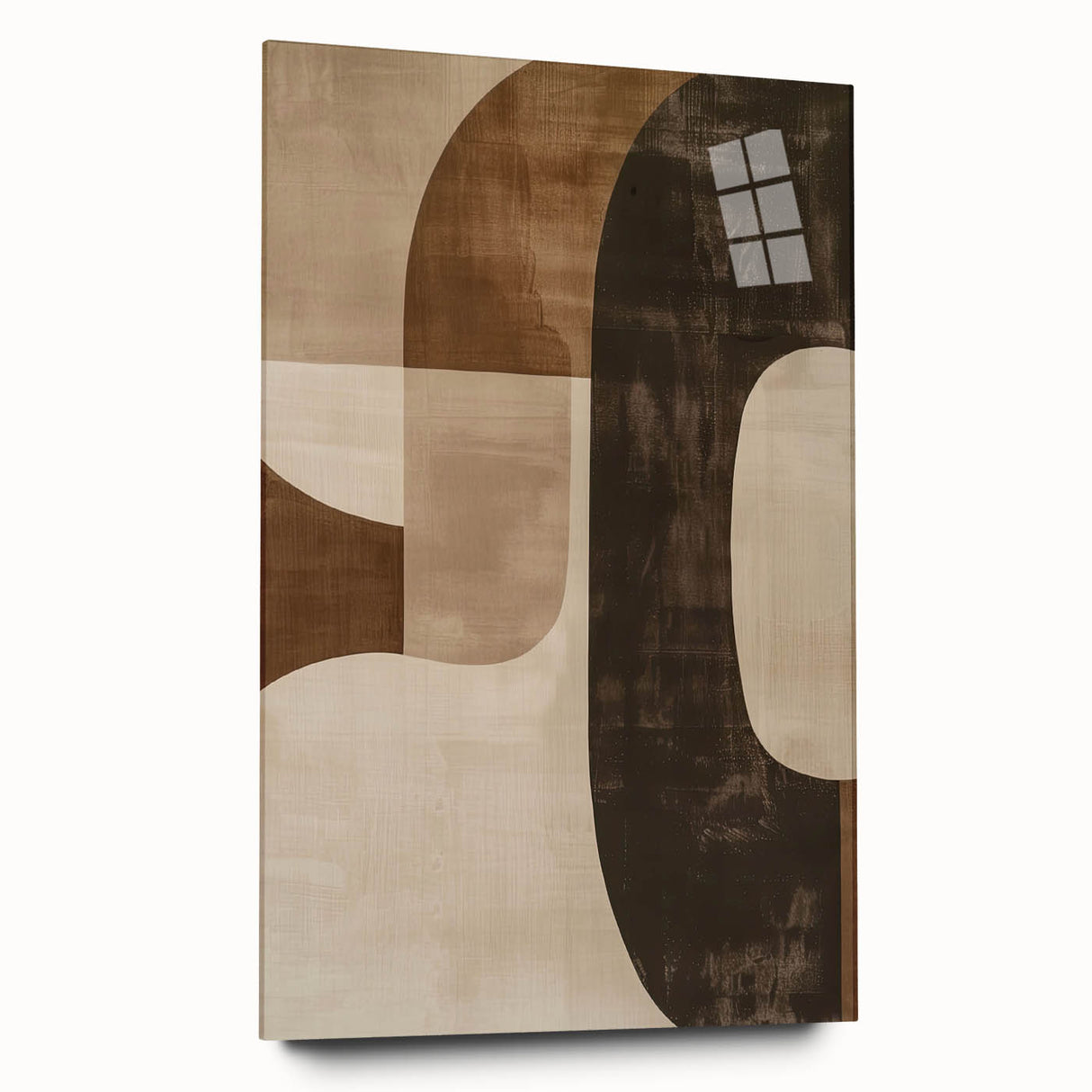 Abstract minimalist wall art featuring a sleek acrylic glass design in soft tones, showcasing a contemporary aesthetic perfect for modern interiors. The artwork is displayed from a side view, emphasizing its frameless profile and elegant finish, ideal for enhancing home decor.