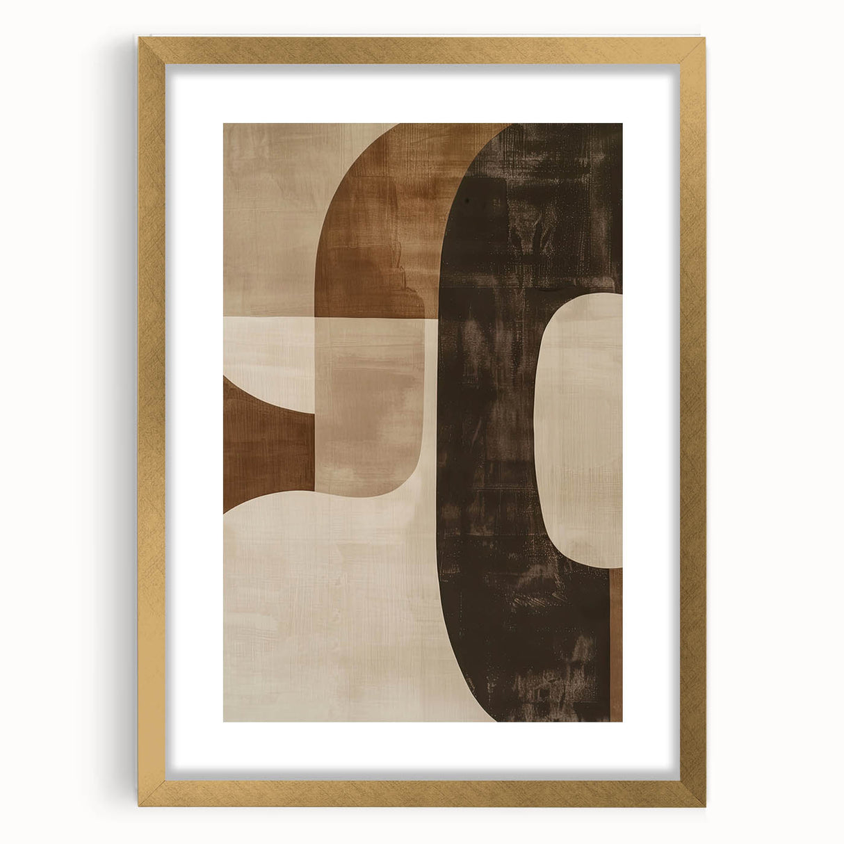 Abstract minimalist wall art framed in gold, showcasing geometric shapes and soft color tones, perfect for modern home decor and artistic expression.