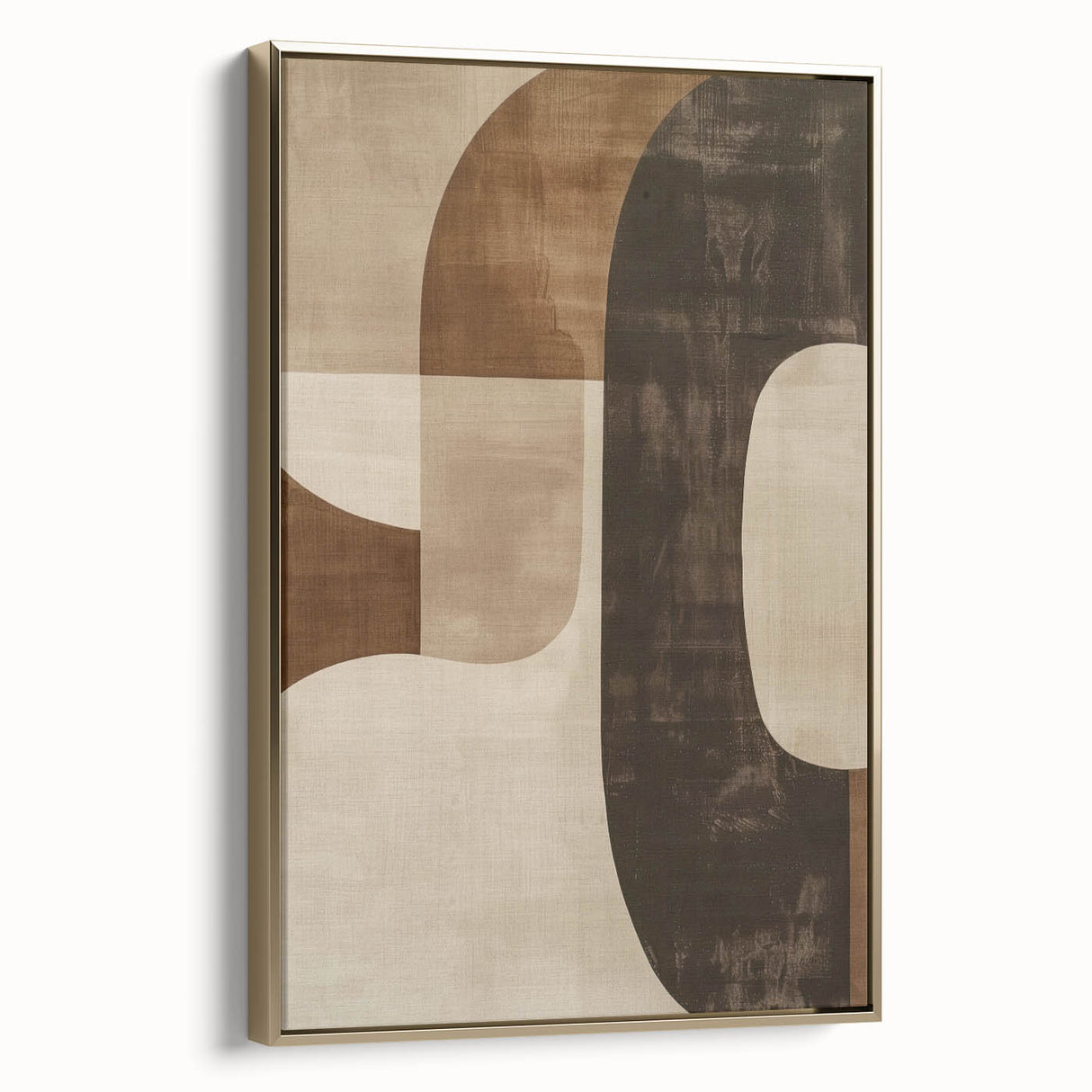 Framed abstract minimalist wall art featuring a gold color palette, elegantly displayed in a side view, perfect for modern home decor and art enthusiasts.