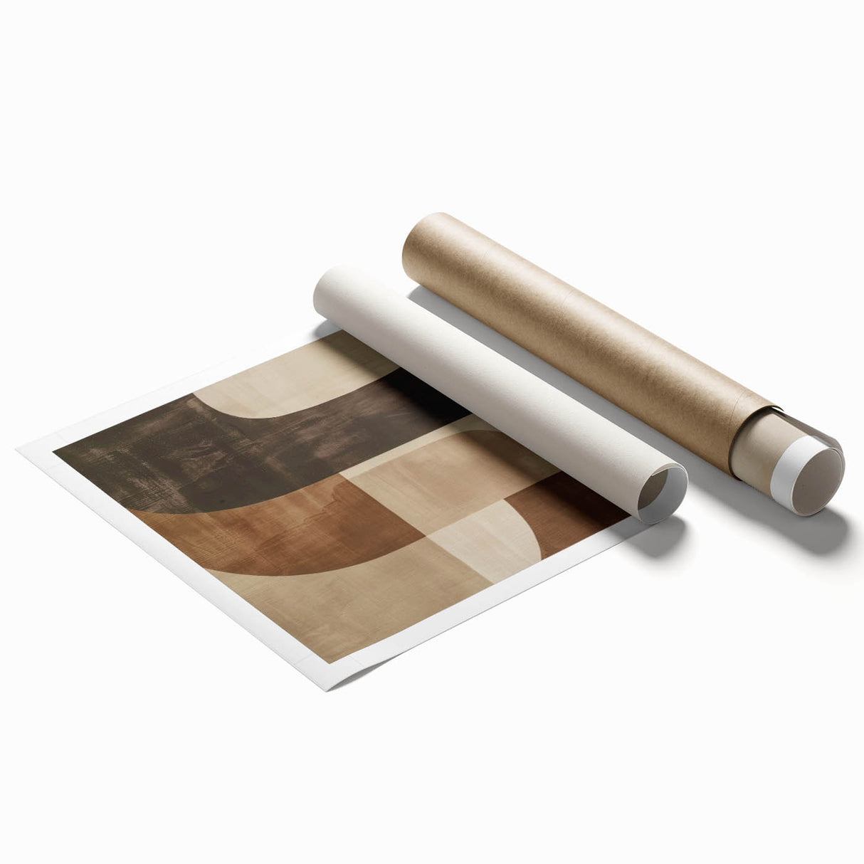 Abstract minimalist wall art print featuring soft pastel colors and geometric shapes, elegantly rolled and packaged in a protective tube for home decor.