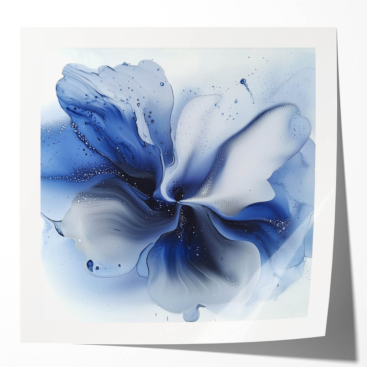 Abstract floral art print mockup on glossy paper, showcasing vibrant colors and intricate designs, perfect for modern home decor or art displays.