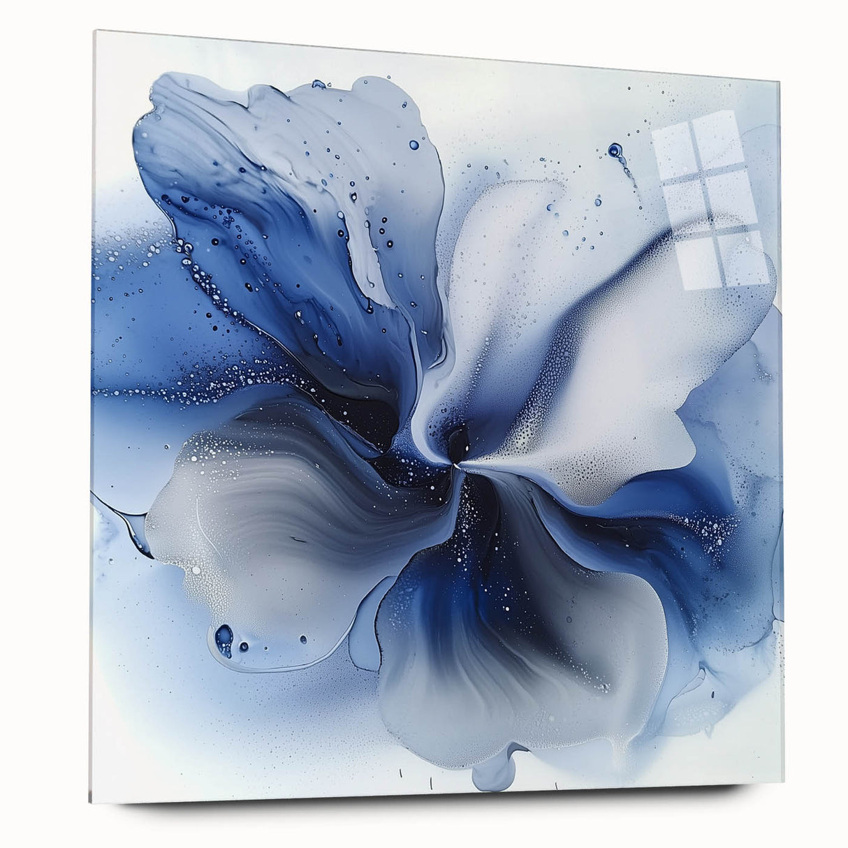 Abstract floral acrylic glass artwork showcasing vibrant colors and intricate patterns, displayed from a side view, highlighting its sleek design and modern aesthetic. Perfect for enhancing contemporary home decor and adding a touch of elegance to any space.