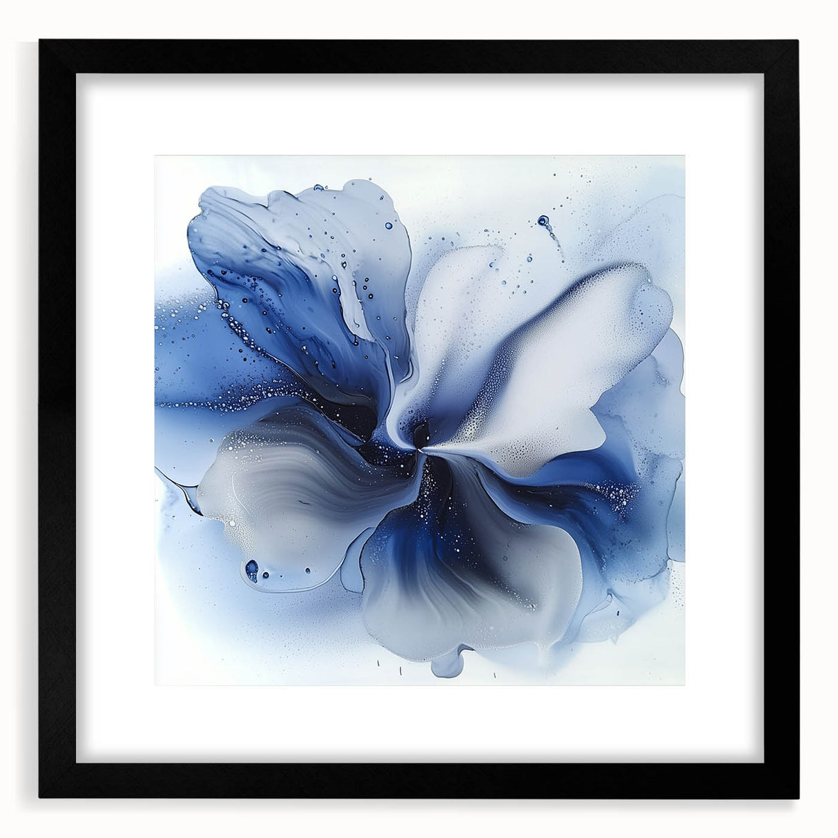 Abstract floral wall art design in a black frame, showcasing vibrant colors and intricate patterns, perfect for modern home decor and stylish interiors.