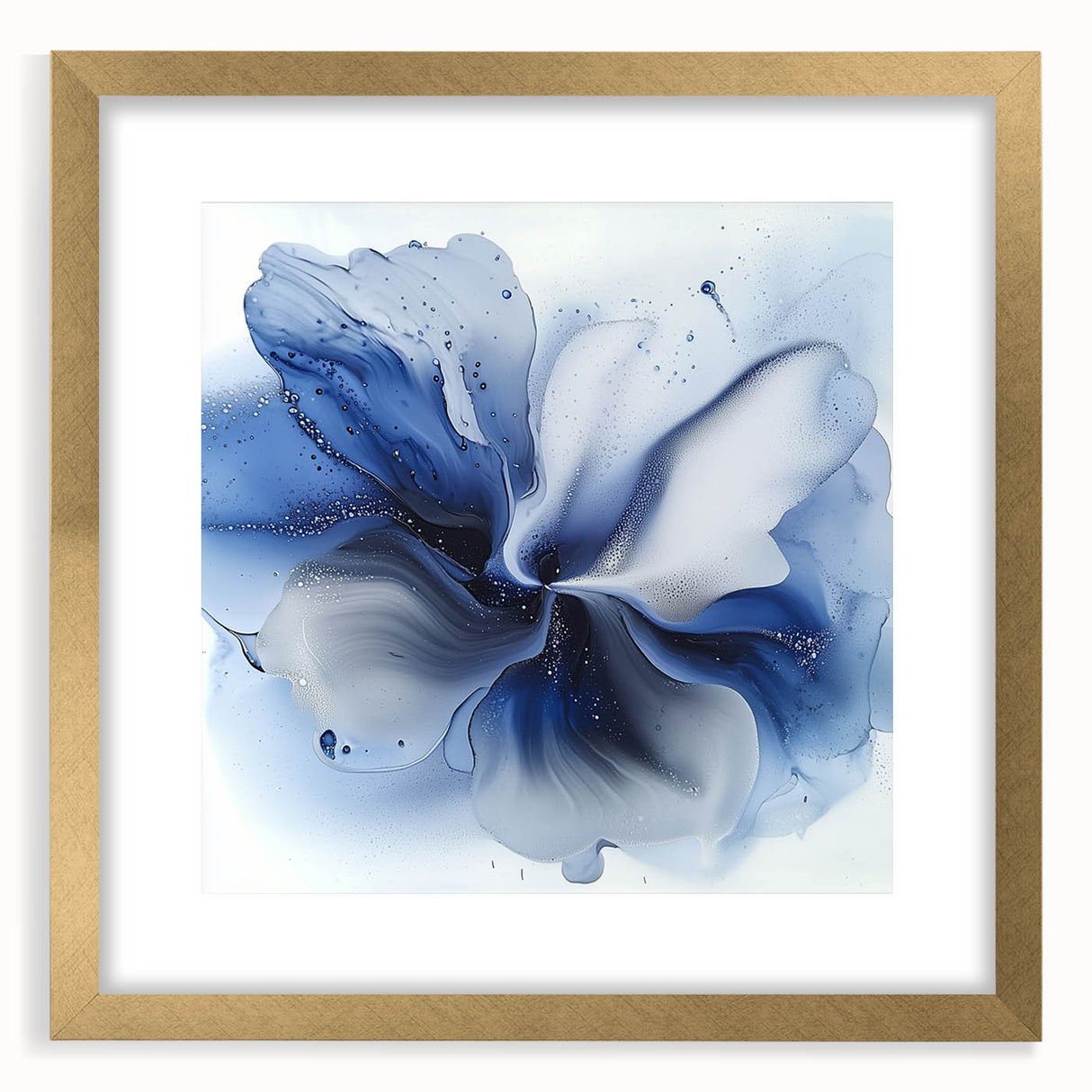 Elegant abstract floral design framed in gold, showcasing vibrant colors and intricate patterns, perfect for modern home decor or art enthusiasts.