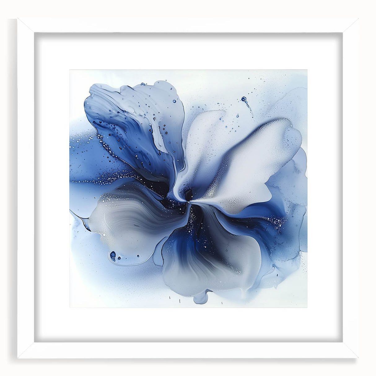 Abstract floral design framed in white mat, showcasing vibrant colors and intricate patterns, perfect for modern home decor or art display. Ideal for adding a touch of elegance to any space.